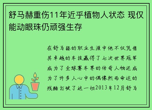 舒马赫重伤11年近乎植物人状态 现仅能动眼珠仍顽强生存 舒马赫重伤11年近乎植物人状态 现仅能动眼珠仍顽强生存