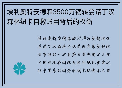 埃利奥特安德森3500万镑转会诺丁汉森林纽卡自救账目背后的权衡